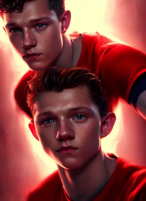 Image similar to portrait of tom holland with hazel eyes, hazel colored eyes, red shirt, intricate, elegant, glowing lights, highly detailed, digital painting, artstation, concept art, smooth, sharp focus, illustration, art by wlop, mars ravelo and greg rutkowski