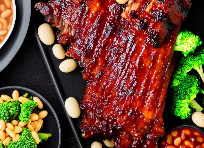 Prompt: dslr food photograph of a rack of ribs with a side of broccoli and baked beans of candy, 8 5 mm f 1. 8