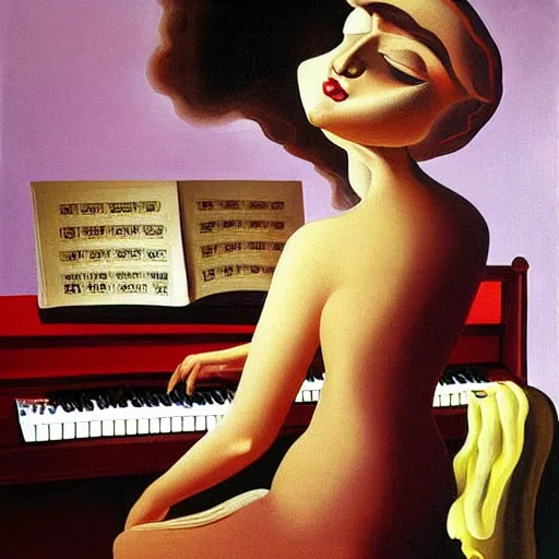 Image similar to beautiful painting of a light skinned woman with short hair playing a piano, digital art by Salvador Dali