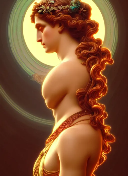 Image similar to side portrait aphrodite from antique greece, greek goddess, gloomhaven, soft, smooth, luminescent, art nouveau tarot, backlit glow, colorful swirly ripples, gaudy colors, aesthetic octane render, unreal engine, 8 k, by artgerm, greg rutkowski, alphonse mucha