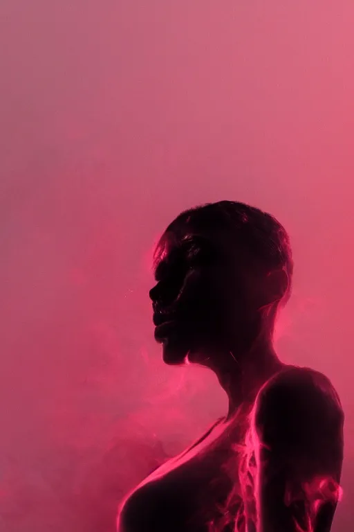 Image similar to a woman made entirely of black smoke, dancing, atmospheric, octane render, red lighting, soft lighting, volumetric light