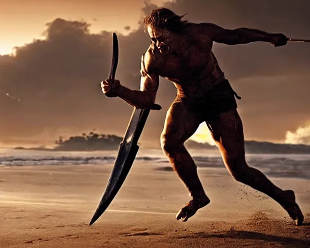 Prompt: spartan warrior sprinting on australian beach, epic award winning action cinematic still from the movie 3 0 0, sunrise lighting