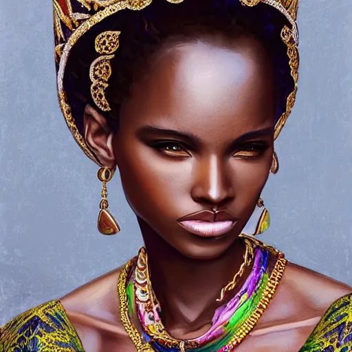 Prompt: A masterpiece portrait of a Incredibly beautiful African girl model in European royal barocco clothes. With big rich jewelry. In Queen\'s crown. Vogue. trending on artstation, digital art, by Stanley Artgerm Lau, WLOP, Rossdraws, James Jean, Andrei Riabovitchev, Marc Simonetti, Yoshitaka Amano