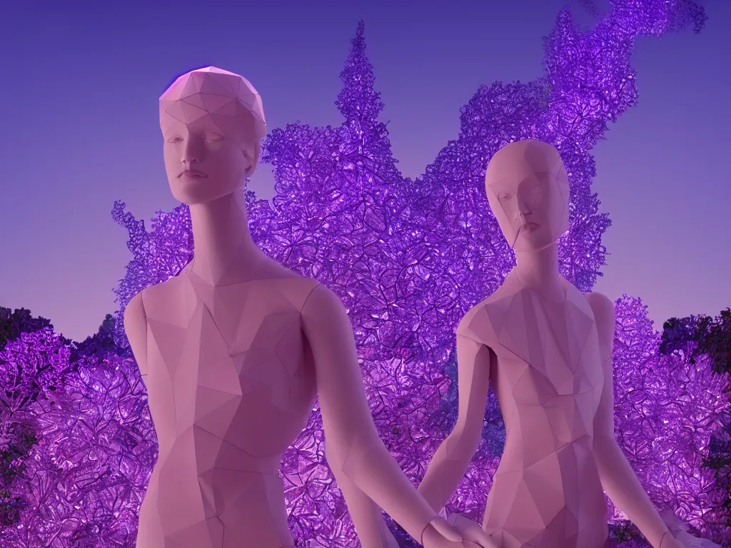 Image similar to beautiful mannequin sculpted out of amethyst by billelis + lit with 3 d geometric neon + facing a doorway opening with neon pink geometric fractal light + flowering hosta plants!!!, moon + city of los angeles in background!! dramatic, rule of thirds, award winning, 4 k, trending on artstation, photorealistic, volumetric lighting, octane render