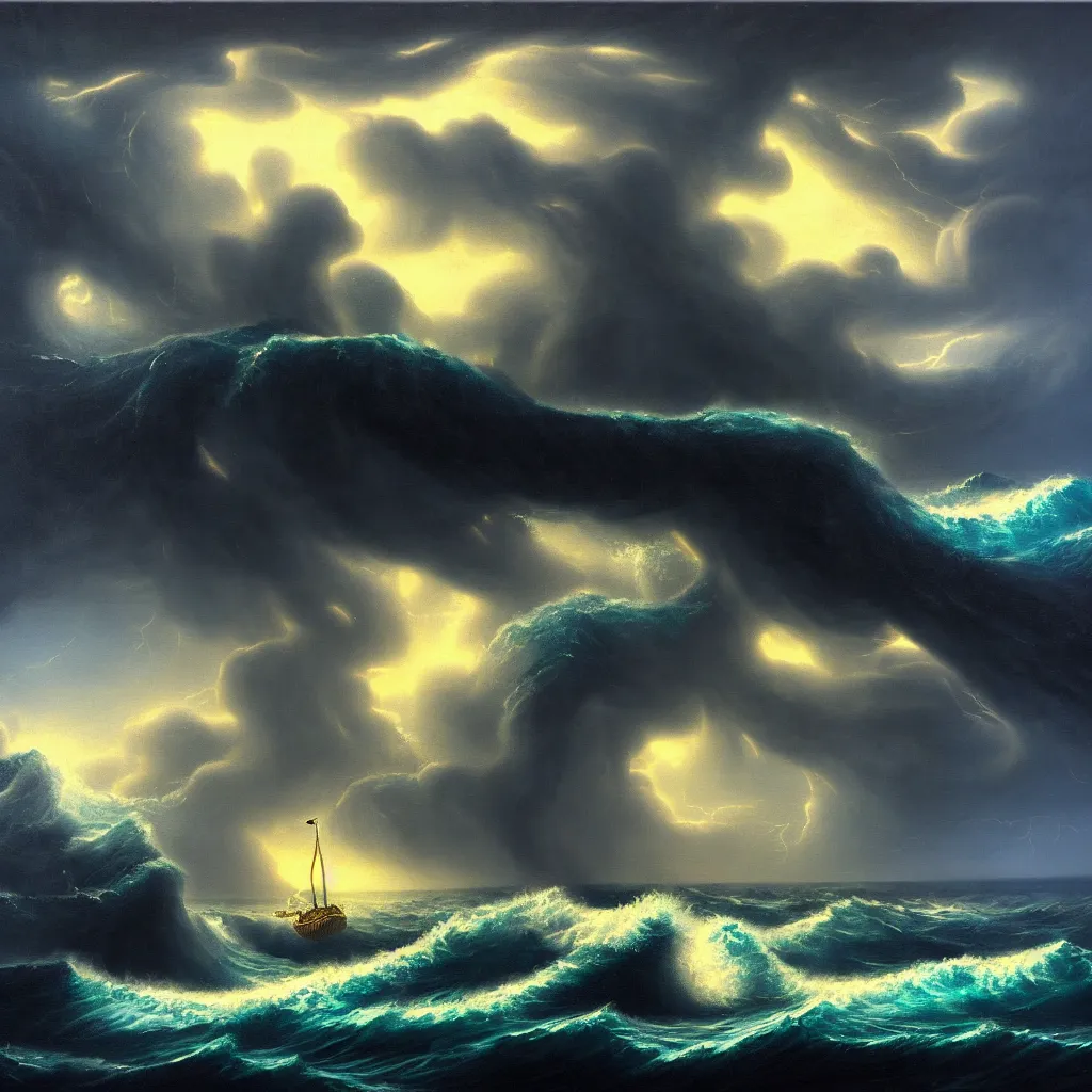 Image similar to a fantasy seascape. subject : giant dark kraken in a stormy sea with a small boat, giant waves, lightning in the background, oil painting, 4 k