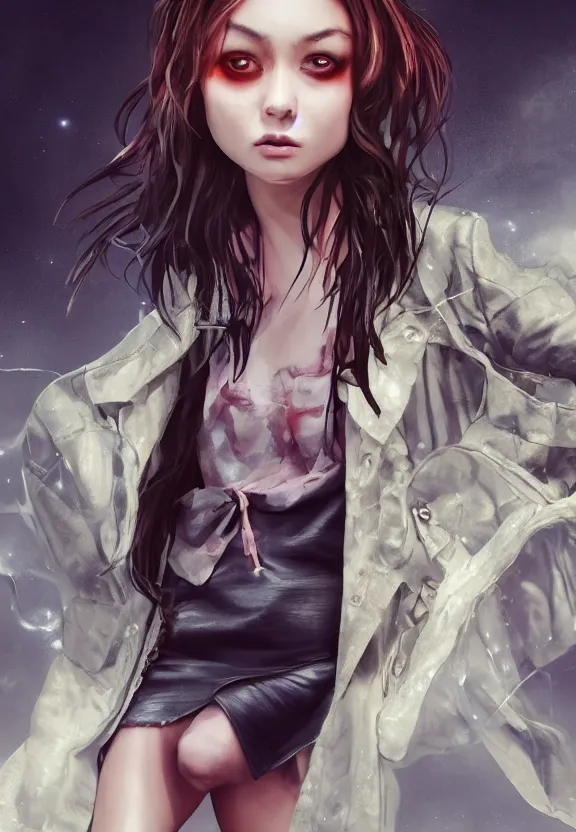 Image similar to full body illustration of girl with eyes that burn like cigarettes wearing a short skirt and a long jacket with fingernails that shine like justice, dramatic lighting, photorealistic, full body portrait, detailed anatomy, extreme detail, 4 k, colorful, artgerm and ben lo, octane render, detailed face, f / 2. 8