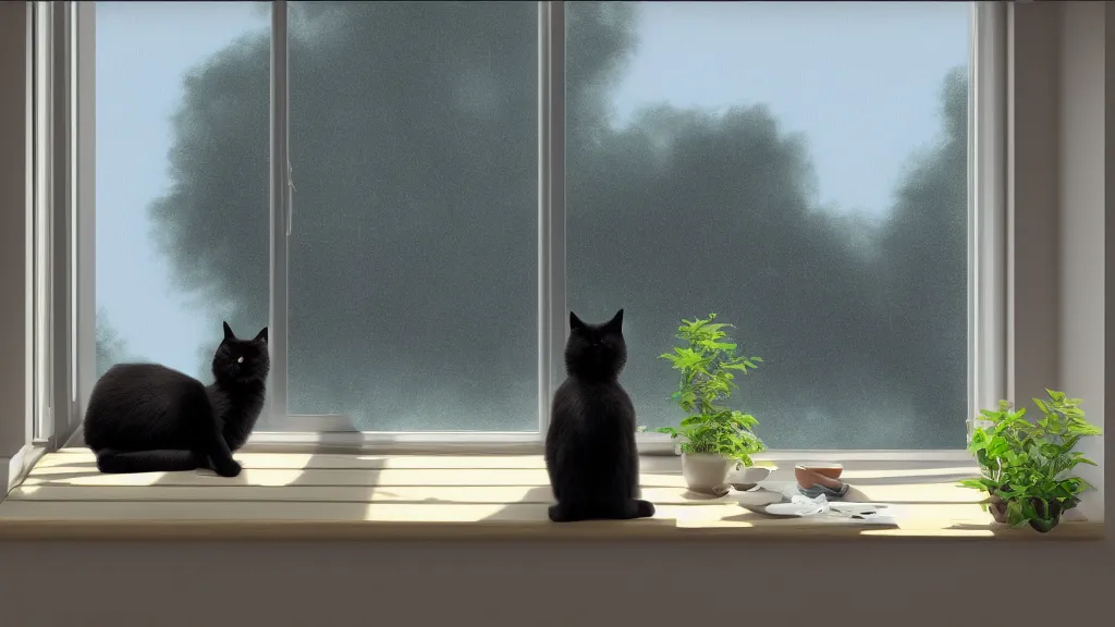 Prompt: peaceful dreamy painting of a content black cat sitting by a window and looking outside, sunshine coming through the window, small plants on the window sill, 8k, hyper realism, trending on artstation, octane render, digital art