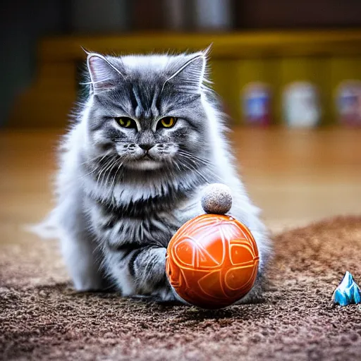Image similar to gray Russian Siberian cat playing with a miniature earth ball, destruction, epic, dramatic, photo