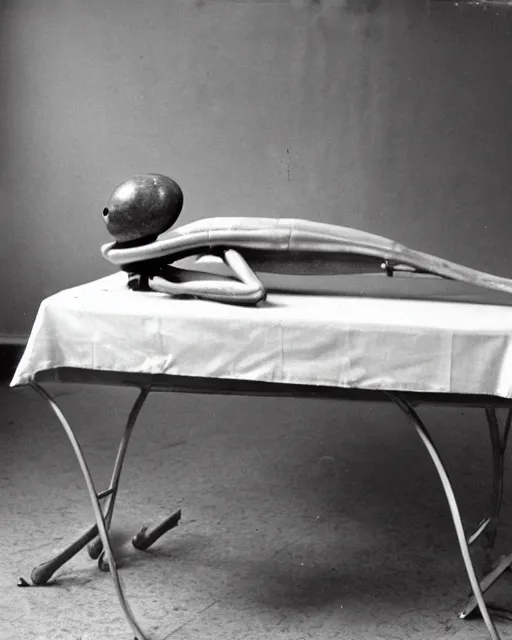 Prompt: Hyper realistic vintage photograph of an alien Laying on an examination table, area 51