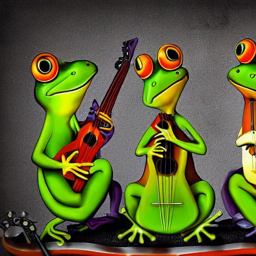 Prompt: 3 frogs playing instruments in a band, high-definition photograph