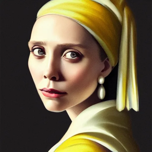 Prompt: Elizabeth Olsen with a pearl earring illustrated by Greg Rutkowski, 4k, 8k, trending on artstation