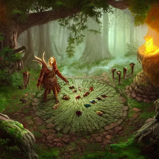 Image similar to elven druid summoning bears in the forest, diablo 2 inspired, trending on artstation, ultra fine detailed, hyper detailed, hd, concept art, digital painting