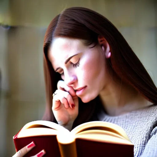 Image similar to very very very perfect face of a woman reading a book