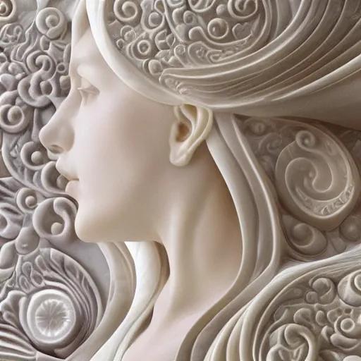 Prompt: opalescent marble portrait, up close, shallow depth of field, warm, masterpiece, ivory carving, fractal paisley inlay, lace, intricate, elegant, highly detailed, artgerm, hyperrealistic, trending on artstation, lace, by ruan jia and greg rutkowski