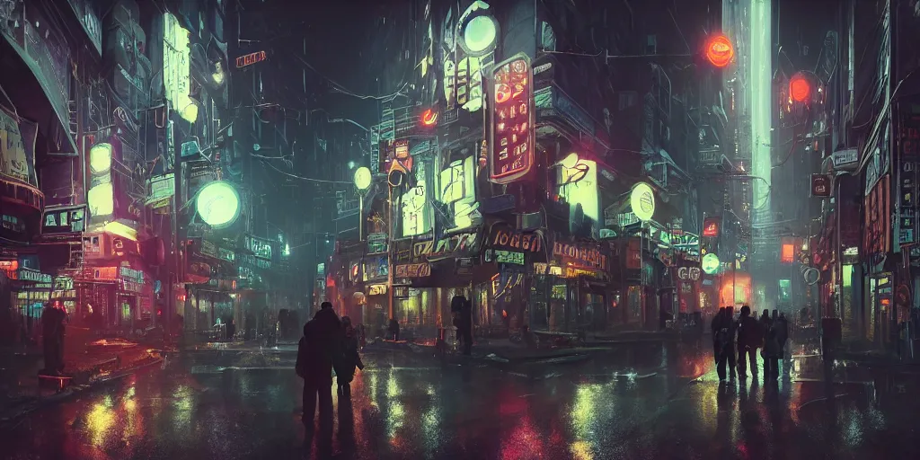 Image similar to fisheye lens shot of tech - noir dystopian city, streets, incandescent lights, neon signs, people walking, peter morbacher, ross tran, greg rutkowski, intricate details, extravagant, trending on artstation, cinematic lighting, digital painting, sharp focus, no blur, octane render, artgerm