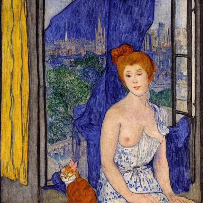 Image similar to portrait of woman in night gown with cat, with city with gothic cathedral seen from a window frame with curtains. sunset. lapis - lazuli, malacchite, turquoise, indigo. lucas cranach, bonnard, henri de toulouse - lautrec, utamaro, matisse, monet