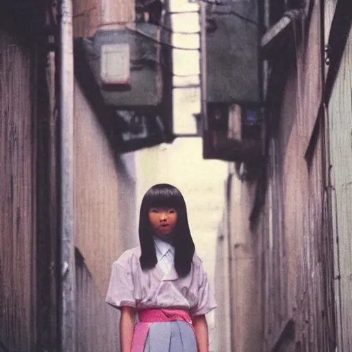 Image similar to 1990s perfect 8K HD professional cinematic photo of close-up japanese schoolgirl posing in sci-fi dystopian alleyway at morning during rain, at instagram, Behance, Adobe Lightroom, with instagram filters, depth of field, taken with polaroid kodak portra