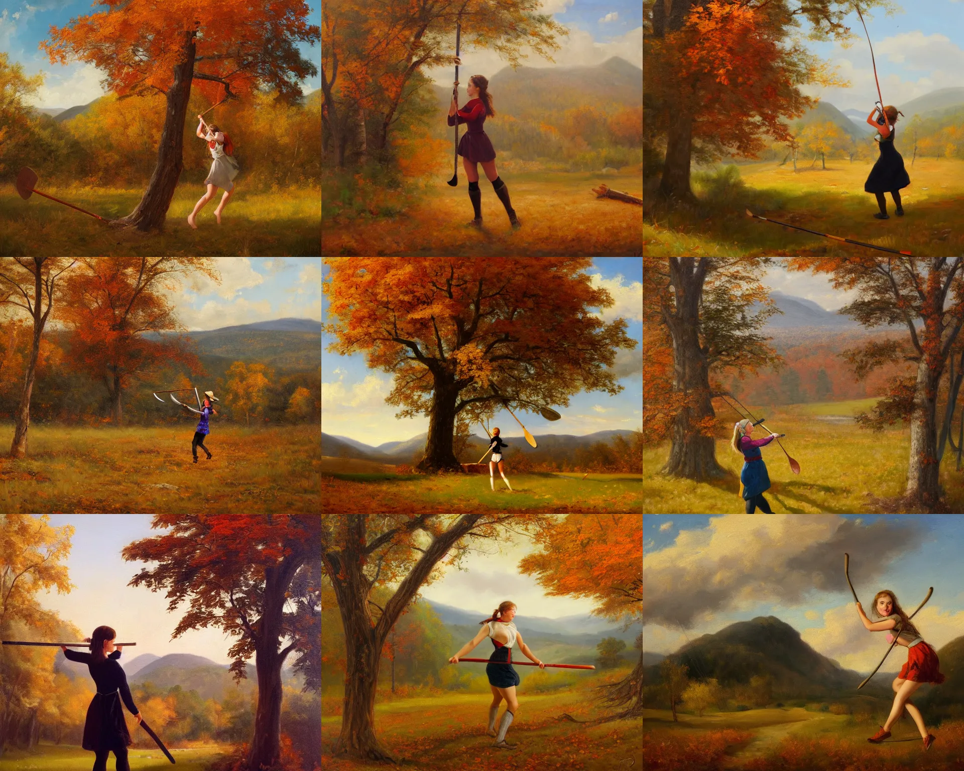 Prompt: landscape portrait of a girl swinging an axe, swinging axe at a hickory tree, autumn mountains, original oil on canvas painting by william sydney mount, trending on artstation