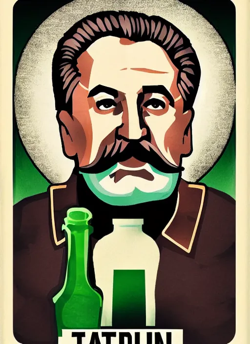 Prompt: stalin with a bottle of vodka, icon with a halo of fire, scary detailed art in color