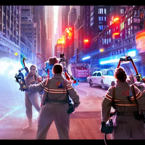 Image similar to ghostbusters on the ny subway, hyper detailed, dramatic lighting, cgsociety, realistic, hyper detailed, insane details, intricate, dramatic lighting, hypermaximalist, golden ratio, rule of thirds, octane render, weta digital, micro details, ultra wide angle, artstation trending, 8 k,