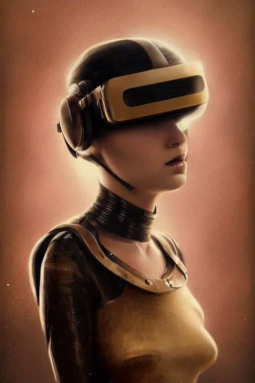 Image similar to a beautiful ultradetailed vintage photo of a woman wearing a futuristic vr helmet, by tom bagshaw and anna dittman, portrait, 2 4 mm lens, golden ratio composition, detailed face, studio photography, very detailed, humanoids, interconnected, artstation, 8 k, highly coherent