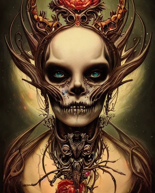 Image similar to perfectly centered portrait front view of a angry dead rotten beautiful female skull growing ornamentation all around, ornate, detailed, symmetrical, elegant, beautifully soft lit, by wayne barlowe, peter mohrbacher, kelly mckernan