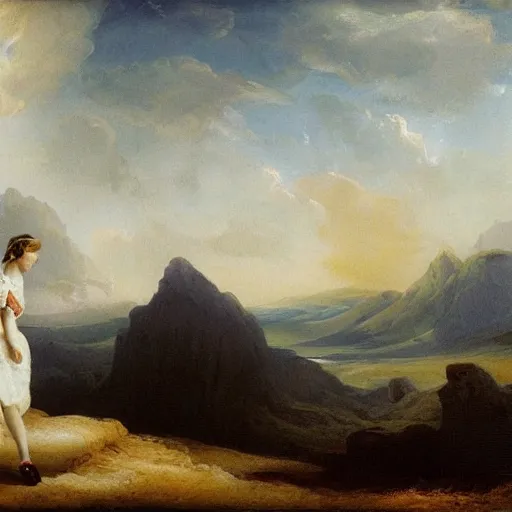 Prompt: two beautiful girls wearing white dresses john martin landscape