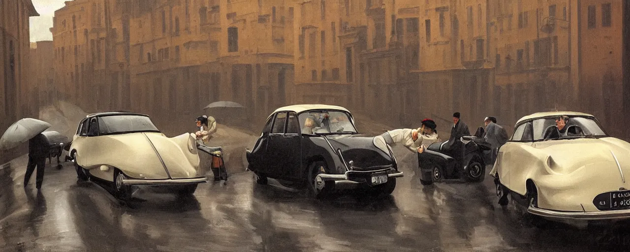 Image similar to A Detective at a black 1955 Citroen DS 19 with the headlights on, parked on the side of the road in the city of Rome while it is raining, by George Tooker, moody, sinister, lighting, hyperrealistic