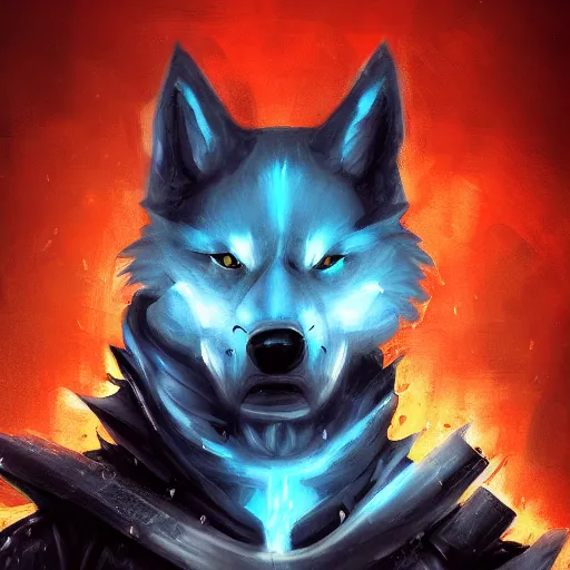 Image similar to anthropomorphic Azure samurai wolf, DnD character art portrait, fantasy battleground, raining, fire, oil painting, heroic pose, magic the gathering artwork, D&D, fantasy, cinematic lighting, centered, symmetrical, highly detailed, digital painting, artstation, concept art, smooth, sharp focus, illustration, volumetric lighting, epic Composition, 8k, art, DeviantArt, trending on Artstation, Jason Felix, Steve Argyle, Tyler Jacobson, Peter Mohrbacher, Akihiko Yoshida, Greg Rutkowski, Craig Mullins, Frank Frazetta, cinematic lighting