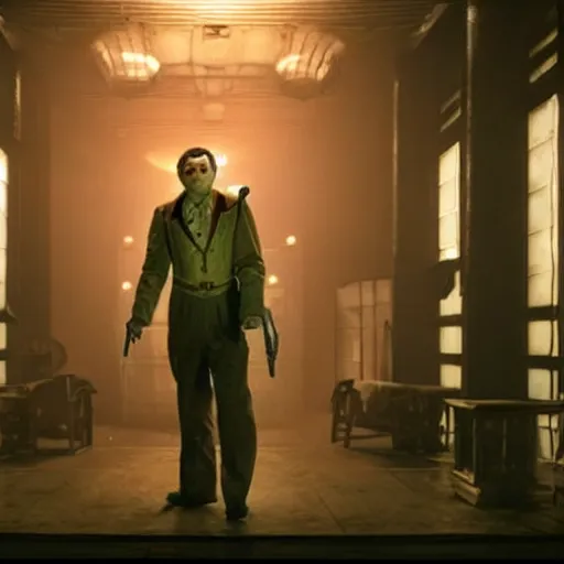 Image similar to screen capture from a live - action bioshock movie. andrew ryan, played by evan peters, is shown standing in an turn of the century style office front of an immense window looking out into the underwater city of rapture. the lights of the city are shining in the distance and an abundance of sea life is shown.