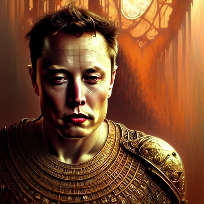 Image similar to ancient king elon musk, symetrical, diffuse lighting, fantasy, intricate, elegant, highly detailed, lifelike, photorealistic, digital painting, artstation, illustration, concept art, 4 k, smooth, sharp focus, art by john collier and albert aublet and krenz cushart and artem demura and alphonse mucha