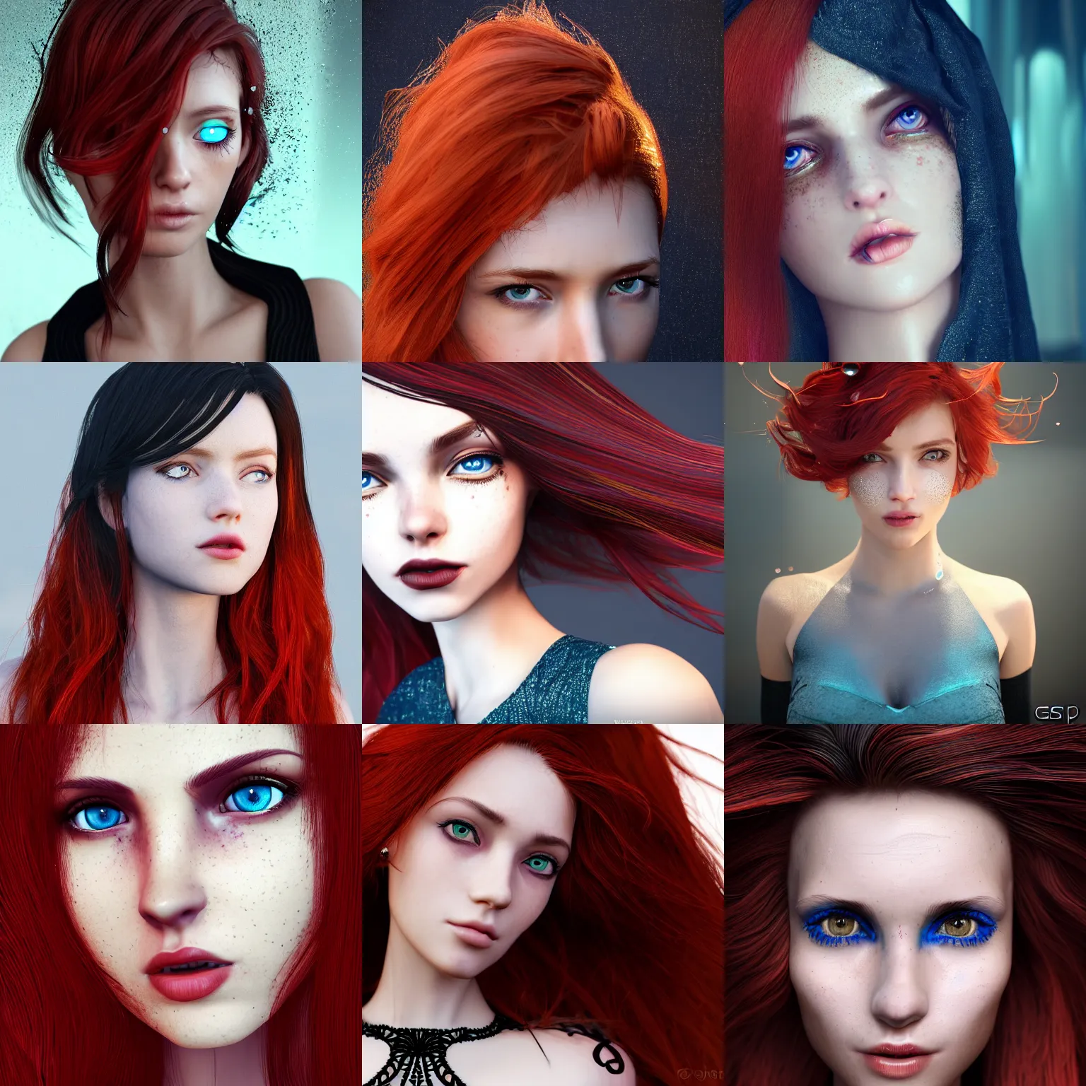 Prompt: A portrait of a beautiful woman with messy vibrant red hair, blue eyes, cute black dress, subtle eyeliner, celestial nose type, extremely defined philtre, detaimed moisture, detailed droplets, detailed intricate hair strands, ray tracing reflection, symmetrical face and body, cgsociety, eye reflection, focused, unreal engine 5, vfx, post processing, post production, single face