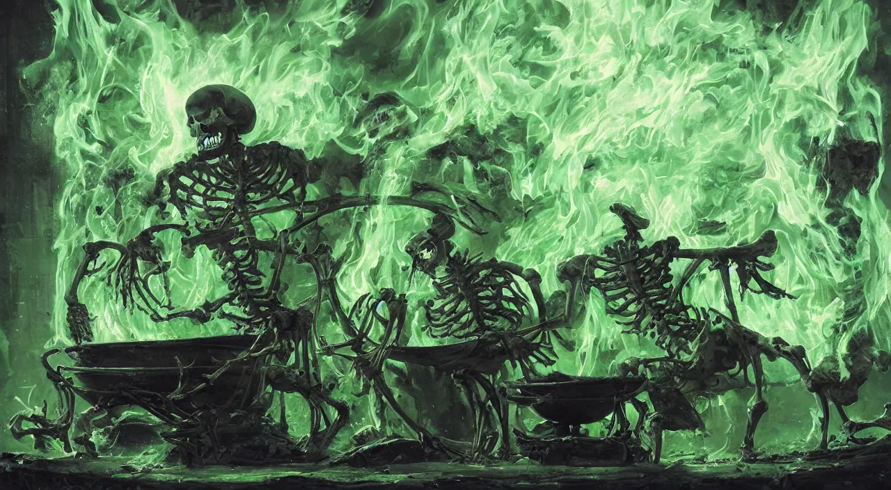 Image similar to A highly detailed oil painting by Greg Rutkowski of a skeleton wearing black robes making a potion in a huge bubbling cauldron glowing bright green, with lots of fire coming from it, highly detailed fantasy concept artwork, very realistic, green and black color scheme, graffiti.