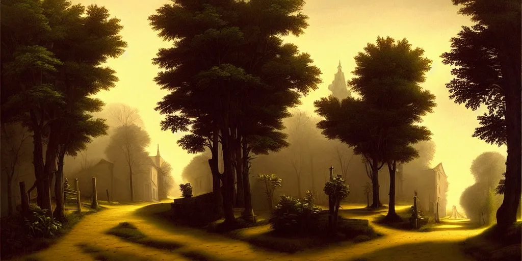 Image similar to in the style of gerald brom, caravaggio, beautiful small town, houses and buildings, 1 8 0 0 s, cobblestone roads, low light, end of day, trees, forest in the distance, light mist