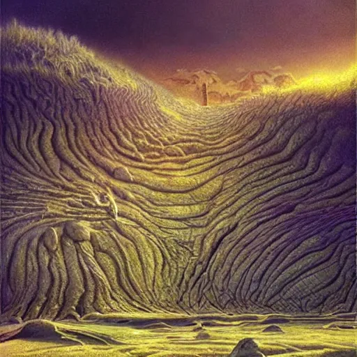 Prompt: artistic digital artwork of an epic natural scene on an alien planet. beautiful landscape by vincent bons, michael whelan and remedios varo. grainy and rough. interesting pastel colour palette. beautiful light. oil and water colour based on high quality render.