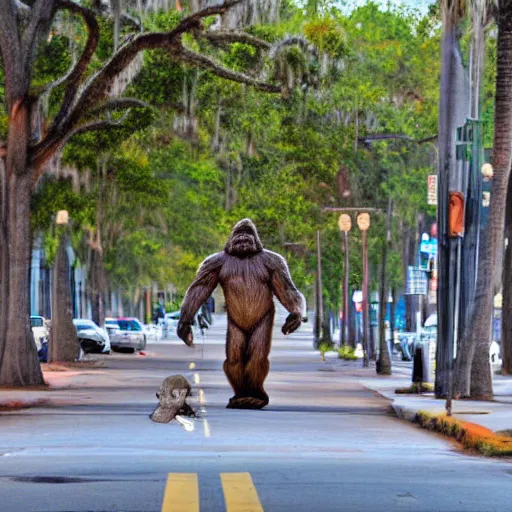 Image similar to bigfoot walking down the street in downtown Pensacola Florida