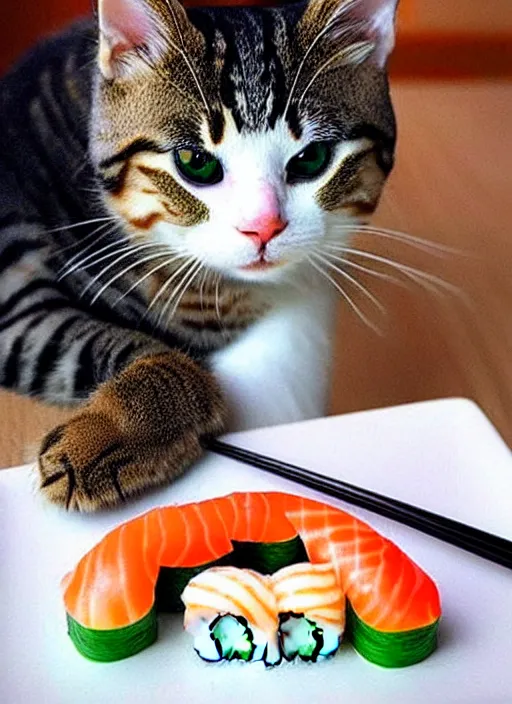 Image similar to clear photorealistic picture of adorable cats made out of sushi