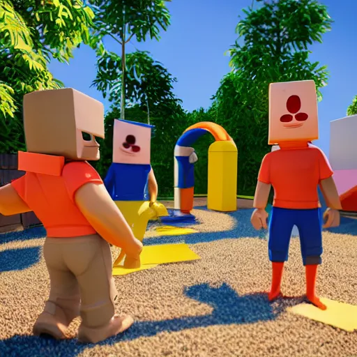 Image similar to highly detailed 3d render of playful kids interacting with roblox figures outside in the sun, box shapes floating all over, bright colors, octane render, insane quality, 8k, 4k, trending, artstation