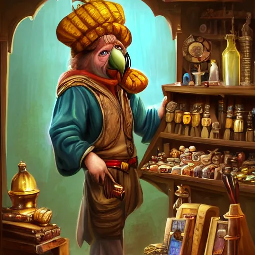 Prompt: Anthropomorphized parrot trader in his shop, shelves full, selling a gem, portrait, items, magic potions, weapons, arcana, carpet, window, fancy funny hat, sly expression , cunning expression, cute expression, presenting magic gem, D&D, fantasy, cinematic lighting, highly detailed, digital painting, artstation, concept art, smooth, sharp focus, illustration, warm light, cozy warm tint, magic the gathering artwork, volumetric lighting, 8k, no gold, no gold colours, art by Akihiko Yoshida, Greg Rutkowski