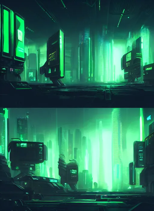 Prompt: a wall of monitors glowing green, cyberpunk background, cinematic view, detailed, concept art, high detail, warm lighting, volumetric, godrays, vivid, beautiful, trending on artstation, by jordan grimmer, huge scene, grass, art greg rutkowski