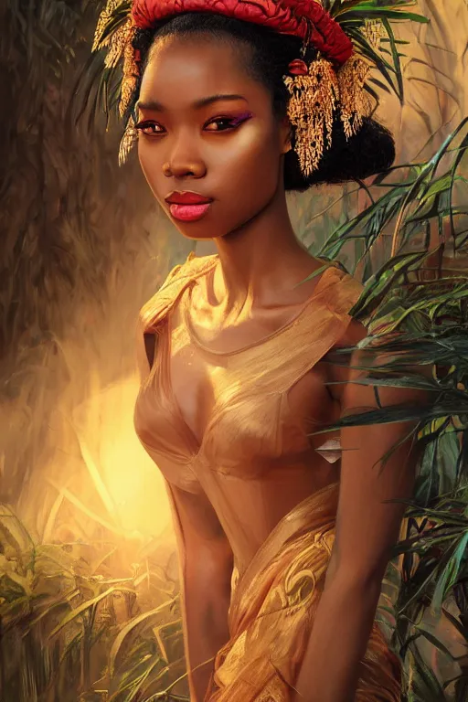 Image similar to stunningly beautiful, nubian geisha prima ballerina in jungle, symmetrical face, golden hour, smooth, focus, highly detailed, hyper realistic, dramatic lighting, elegant, intricate, concept art, art by wlop, mars ravelo, greg rutowski, artstation