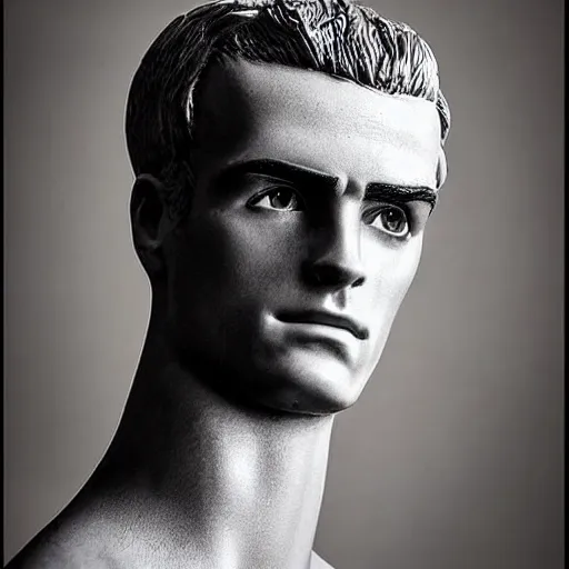 Image similar to “ a realistic detailed photo of a guy who is an attractive humanoid who is half robot and half humanoid, who is a male android, soccer player antoine griezmann, shiny skin, posing like a statue, blank stare, on the bed, on display ”