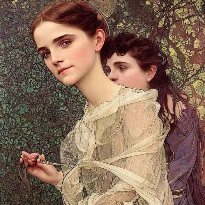 Prompt: realistic detailed portrait of a girl who looks like Emma Watson, Chloe Grace Moretz, and Winona Ryder, wearing a transparent raincoat, by Alphonse Mucha, Louis Comfort Tiffany, Ayami Kojima, Amano, Charlie Bowater, Karol Bak, Greg Hildebrandt, Jean Delville, and Donato Giancola, Art Nouveau, Neo-Gothic, gothic, rich deep colors