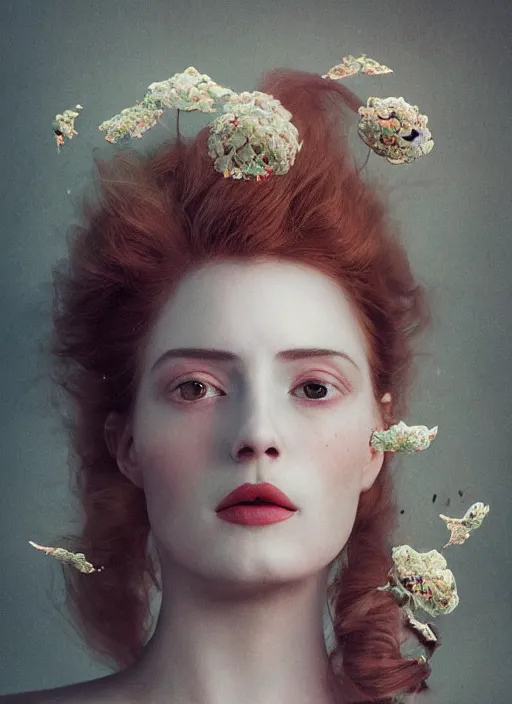 Image similar to Kodak Portra 400, 8K, soft light, volumetric lighting, highly detailed, fine art portrait photography in style of Flora Borsi, britt marling style 3/4 face merging with clouds metamorphosis complex 3d render , 150 mm lens, art nouveau fashion embroidered, intricate details, elegant, hyper realistic, ultra detailed, octane render, etheric, outworldly colours, emotionally evoking, head in focus, fantasy, ornamental, intricate, elegant, 8K, soft light, volumetric lighting, highly detailed, Refined, Highly Detailed, soft lighting colors scheme, fine art photography, Hyper realistic, photo realistic