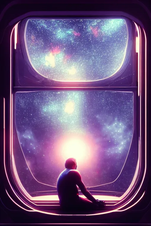 Image similar to human, sitting sad in spaceship, gazing at view of galaxy in space through a window, intricate detailed environment, photorealistic!, octane render, mechanical, concept art, cinematic lighting, digital art, interstellar, hyper realism, sharp, cyberpunk, 8 k, de dia los muertos. by angus mckie, moebius, maciej kuciara