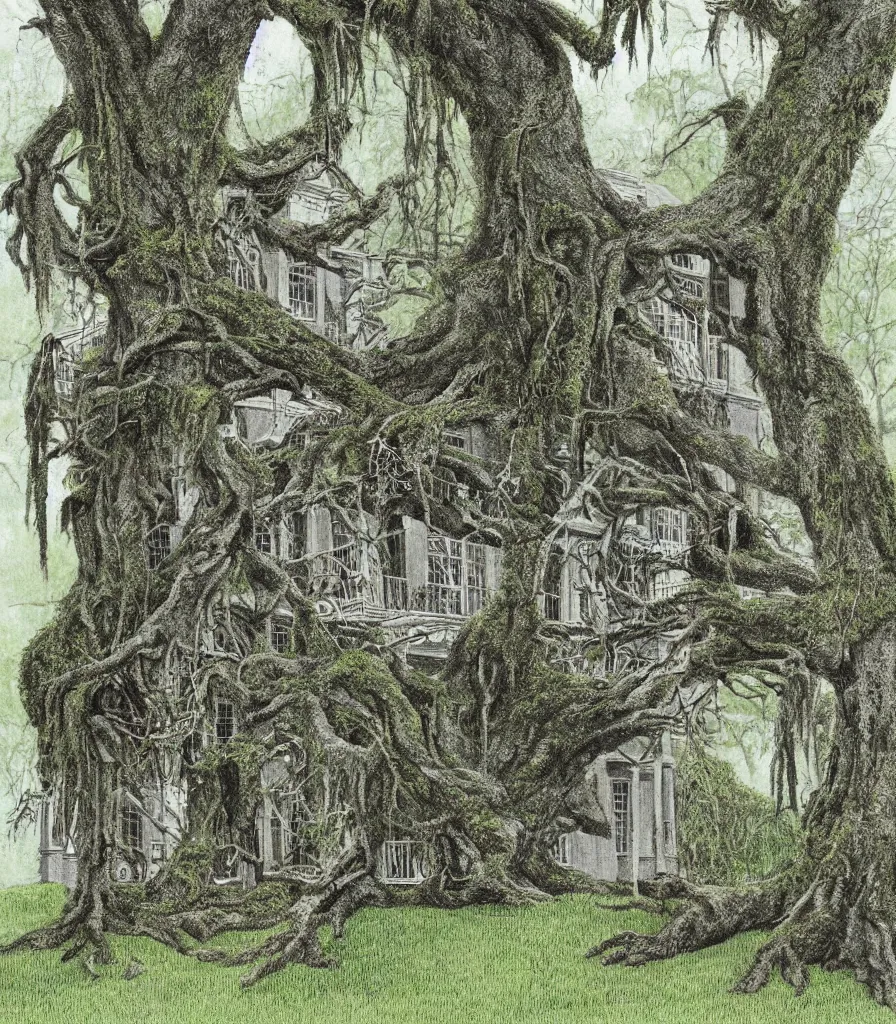 Image similar to southern plantation mansion trees hanging moss abandoned decay illustration by maurice sendak