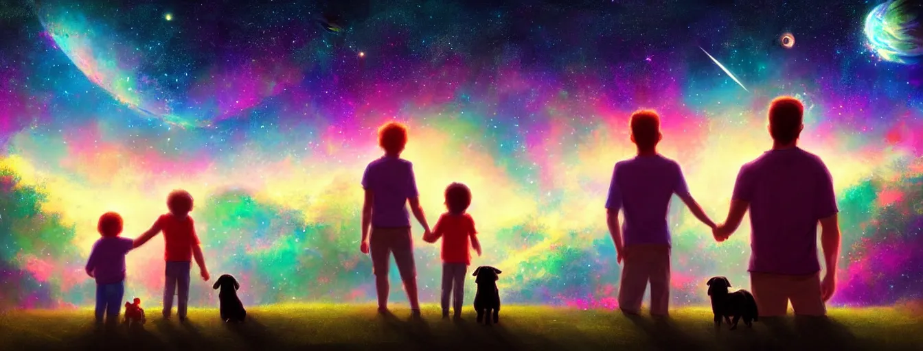 Prompt: a centered rear view of a mom dad and a kid holding hands, with a dog sitting next to them in a small green planet looking to the night sky displaying an entire colorful galaxy, digital art, epic, colorful, highly detailed, by ross tran, artstation