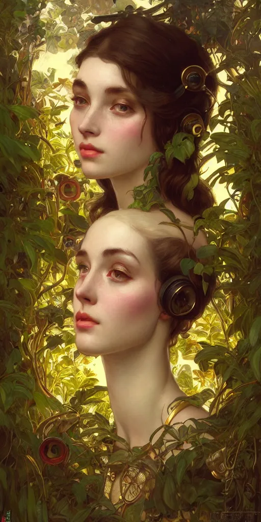 Image similar to hyper realistic photographer looking through a vintage medium format camera, design on white background, beautiful details, lush foliage cyberpunk, gold, drawn by john singer sargent, tom bagshaw, norman rockwell, alphonso mucha, lolish, trending on artstation