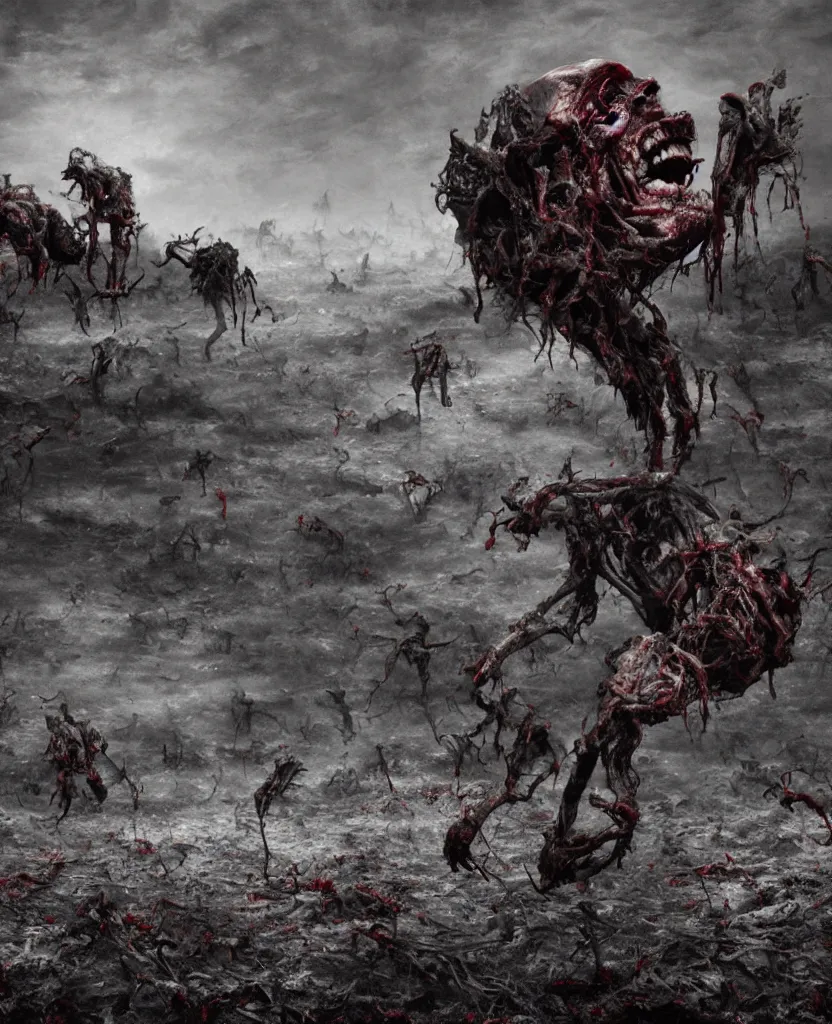 Image similar to endless field stretching to the horizon made from rotten bloody corpses of Nicolas Cage, body horror, flesh, blood, grotesque hell, highly detailed, vivid colors, dark shadows, contrast, concept art, sharp focus, digital art, Hyper-realistic, 4K, Unreal Engine, Highly Detailed, Dramatic Lighting, Beautiful, by Brom, bastien lecouffe-deharme