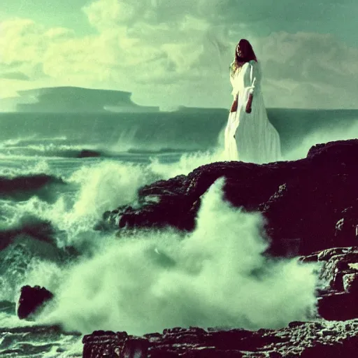 Image similar to 1 9 7 0's artistic spaghetti western movie in color, a woman in a giant billowy wide flowing waving dress made out of white smoke, standing inside a green mossy irish rocky scenic landscape, crashing waves and sea foam, volumetric lighting, backlit, moody, atmospheric